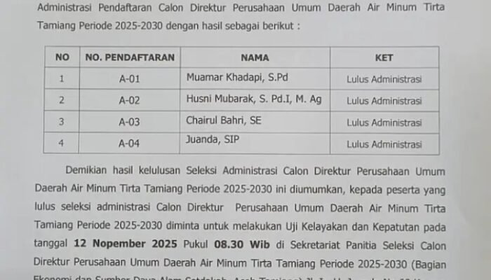 4 Calon Direktur PDAM Tirta Tamiang Lolos Seleksi Administrasi