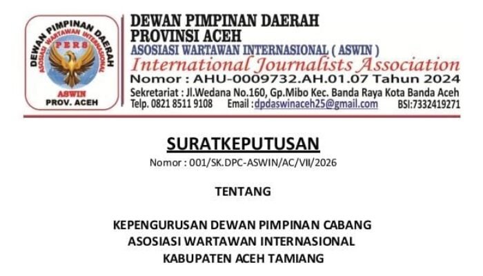 Resmi ! DPD ASWIN Tetapkan Kepengurusan DPC Aceh Tamiang Periode 2026–2031, Wujudkan Pers Profesional dan Berintegritas